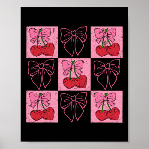 Coquette Checkred Pink Bow And Red Cherries Valent Poster