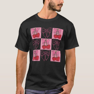 Coquette Checkred Pink Bow And Red Cherries Valent T-Shirt