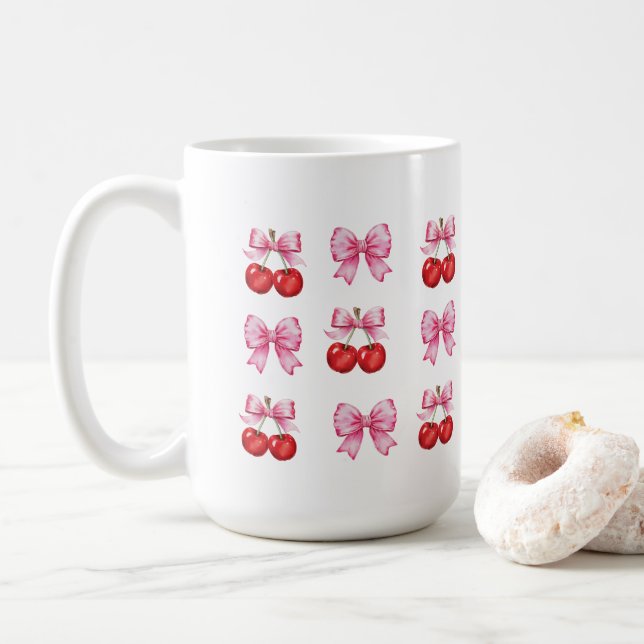 Coquette Cherries and Pink Bows Coffee Mug (With Donut)