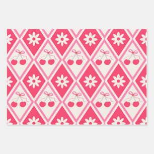 Coquette Cherries and pink bows on red diamonds Wrapping Paper Sheet