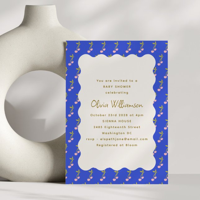 Coquette Cherries Bright Blue Cherry Baby Shower Invitation (Creator Uploaded)