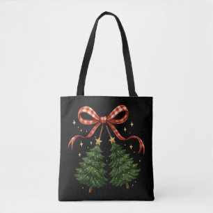 Coquette Cherries Christmas Tree Plaid Bow Winter Tote Bag