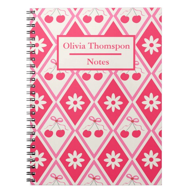 Coquette Cherries with bows on red diamonds custom Notebook (Front)