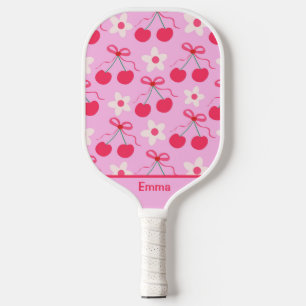 Coquette Cherries with Red Bows and Flowers Name Pickleball Paddle