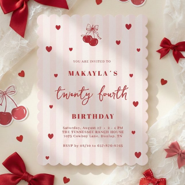 Coquette Cherry 24th Heart Aesthetic Birthday Invitation (Creator Uploaded)