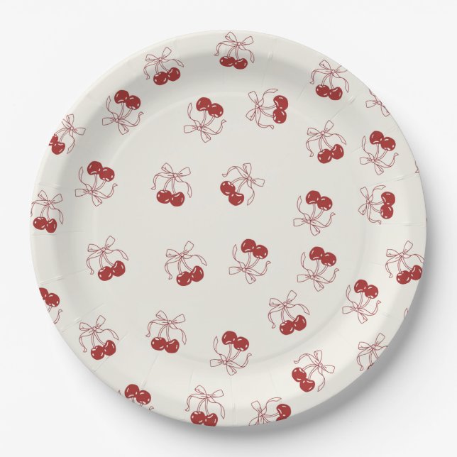 Coquette Cherry Bow Birthday Paper Plates (Front)