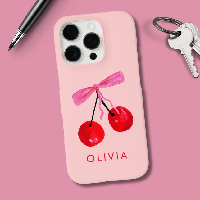 Coquette Cherry & Bow Case-Mate iPhone Case (Coquette cherry and bow girly iPhone case. Personalize with your own name or initials.)