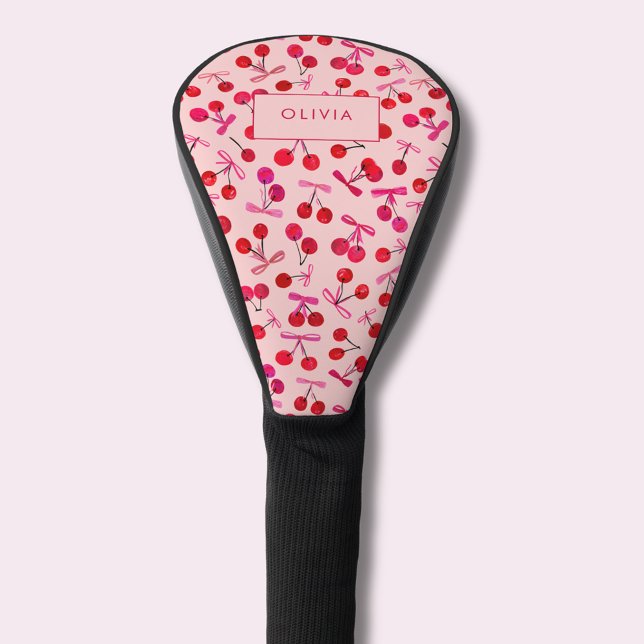 Coquette Cherry & Bow Golf Head Cover (Coquette cherry & bow pattern pink golf head cover. Personalize with your own name or initials.)