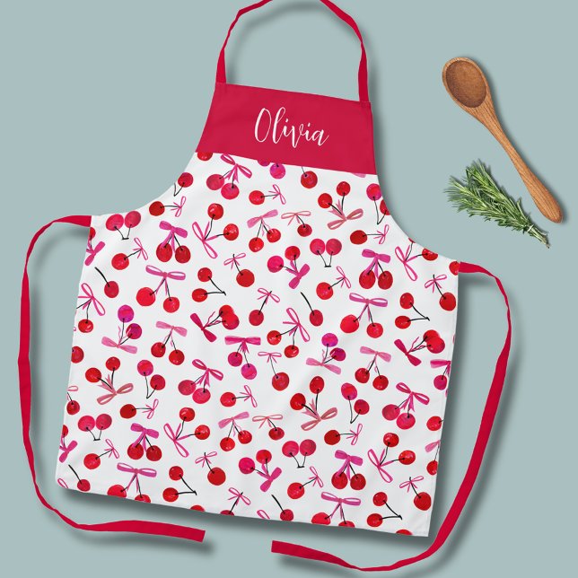 Coquette Cherry & bow pattern Apron (Coquette cherry and bow girly pattern kitchen apron.  Personalize with your own name or initials.)