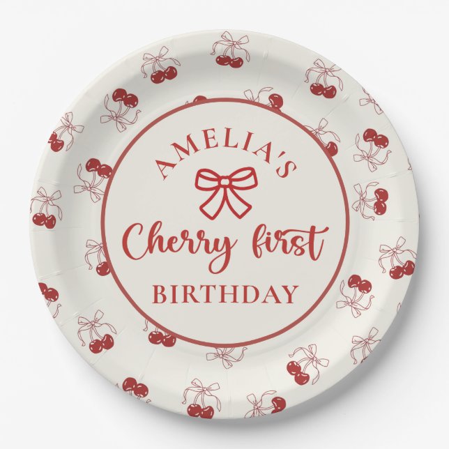 Coquette Cherry First Birthday Paper Plates (Front)