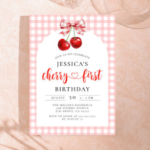 Coquette Cherry First Birthday Red Cherry Birthday Invitation
