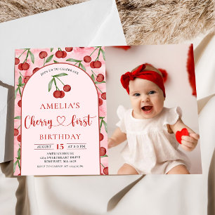 Coquette Cherry First Birthday Red Cherry Birthday Invitation
