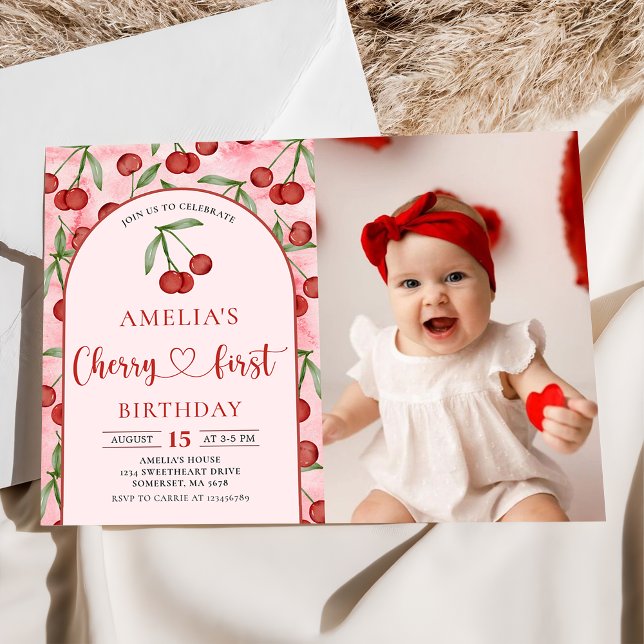 Coquette Cherry First Birthday Red Cherry Birthday Invitation (Creator Uploaded)