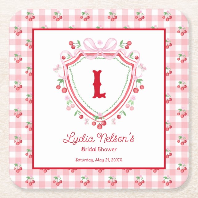 Coquette Cherry Monogam Bridal Shower Square Paper Coaster (Front)