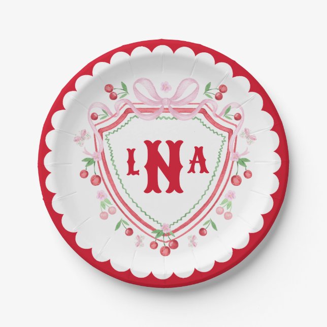 Coquette Cherry Monogram Crest Bridal Shower Paper Plate (Front)