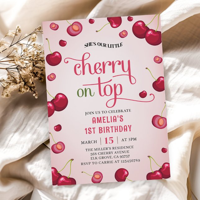 Coquette Cherry on Top 1st Birthday Invitation (Creator Uploaded)