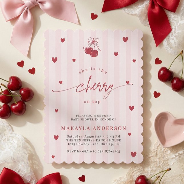 Coquette Cherry on Top Bow Baby Girl Shower Invitation (Creator Uploaded)