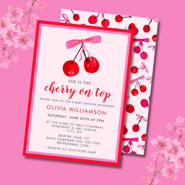 Coquette Cherry on Top Girls Baby Shower Invitation (Cherry on Top Baby Shower invitation with coquette cherries and pink ribbon bow)