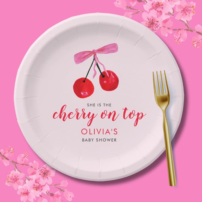Coquette Cherry on Top Girls Baby Shower Paper Plate (Cherry on Top Baby Shower  paper plate with coquette cherries and pink ribbon bow)