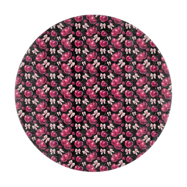 Coquette Cherry Pattern Pink Bow Aesthetic  Cutting Board (Front)