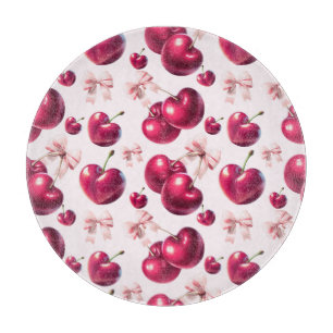 Coquette Cherry Pattern Pink Bow Aesthetic Cutting Board