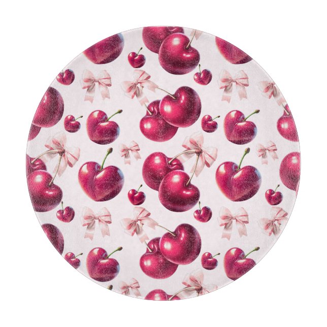 Coquette Cherry Pattern Pink Bow Aesthetic  Cutting Board (Front)