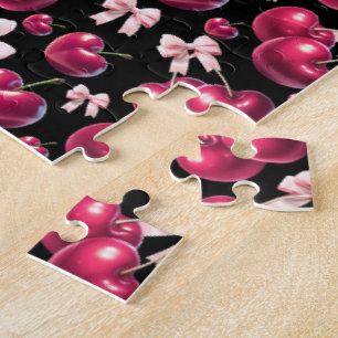 Coquette Cherry Pattern Pink Bow Aesthetic  Jigsaw Puzzle
