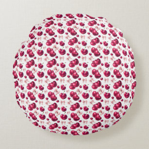 Coquette Cherry Pattern Pink Bow Aesthetic  Round Cushion