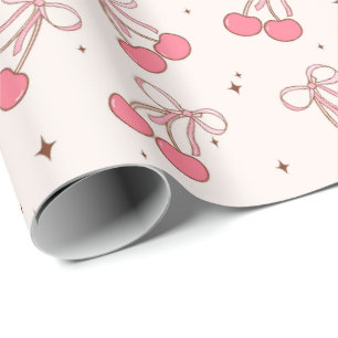 Coquette Cherry Pink Bow Girly Wrapping Paper Roll