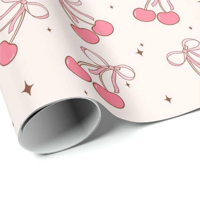 Coquette Cherry Pink Bow Girly Wrapping Paper Roll (Roll Corner)