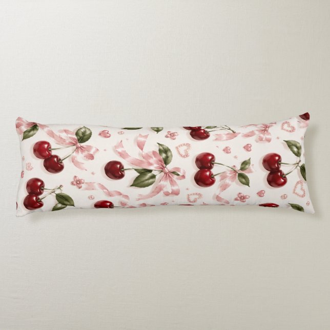 Coquette Cherry & Pink Satin Bow Seamless Pattern Body Cushion (Back)