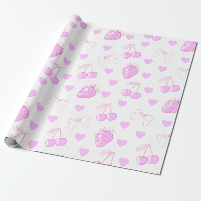Coquette Cherry & Strawberry Pattern Wrapping Paper (Unrolled)