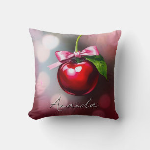 Coquette Cherry with Pink Bow and Leaf Cushion