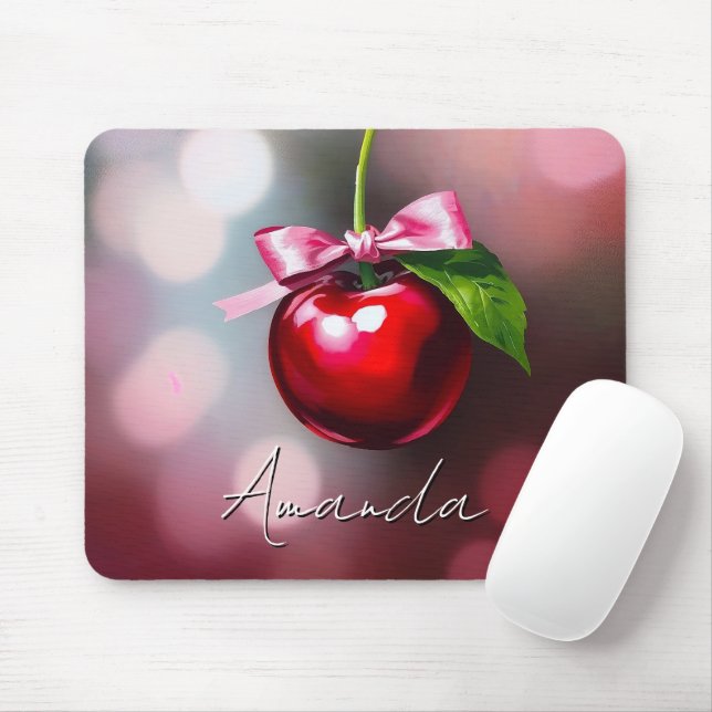 Coquette Cherry with Pink Bow and Leaf Mouse Pad (With Mouse)