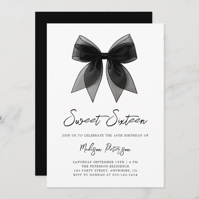 Coquette Chic Minimal Black Bow Sweet 16 Birthday Invitation (Front/Back)