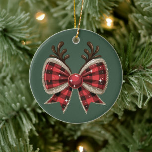 Coquette Christmas Bow Glitter Girly Red Plaid Ceramic Ornament