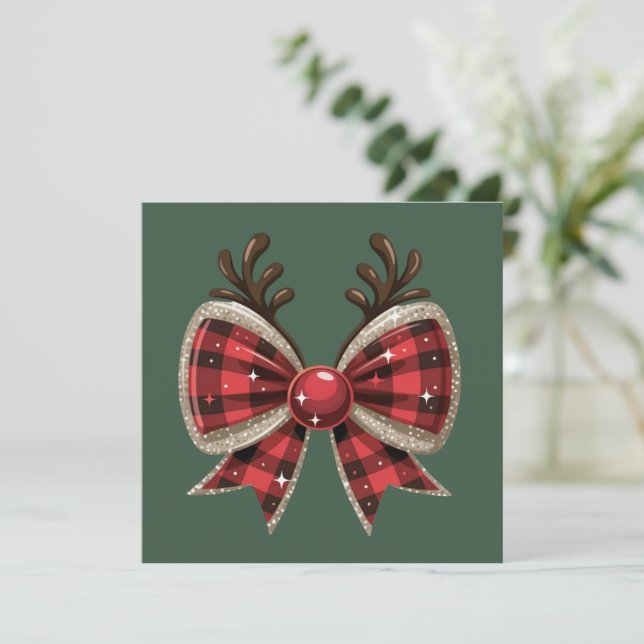 Coquette Christmas Bow Glitter Girly Red Plaid  Holiday Card (Standing Front)