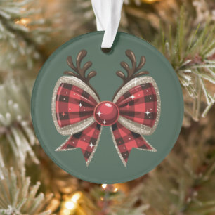 Coquette Christmas Bow Glitter Girly Red Plaid  Ornament