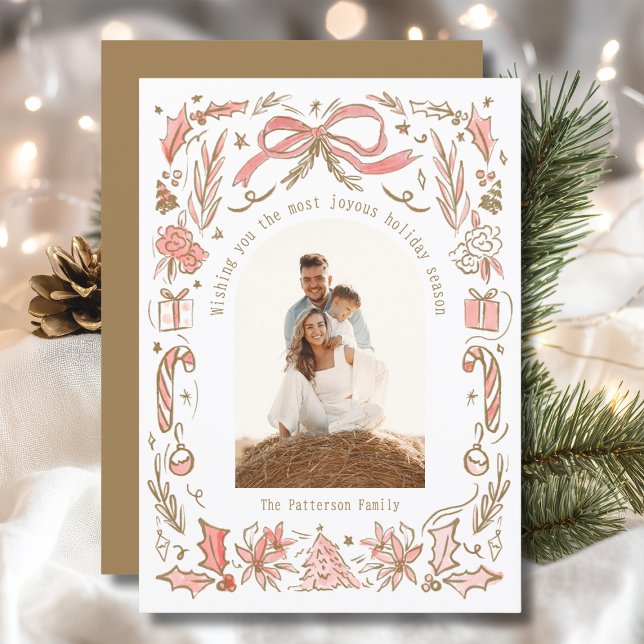 Coquette Christmas Family Photo Gold Doodle Holiday Card (Creator Uploaded)