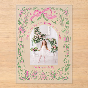 Coquette Christmas Family Photo Pink Green Doodle Acrylic Invitations