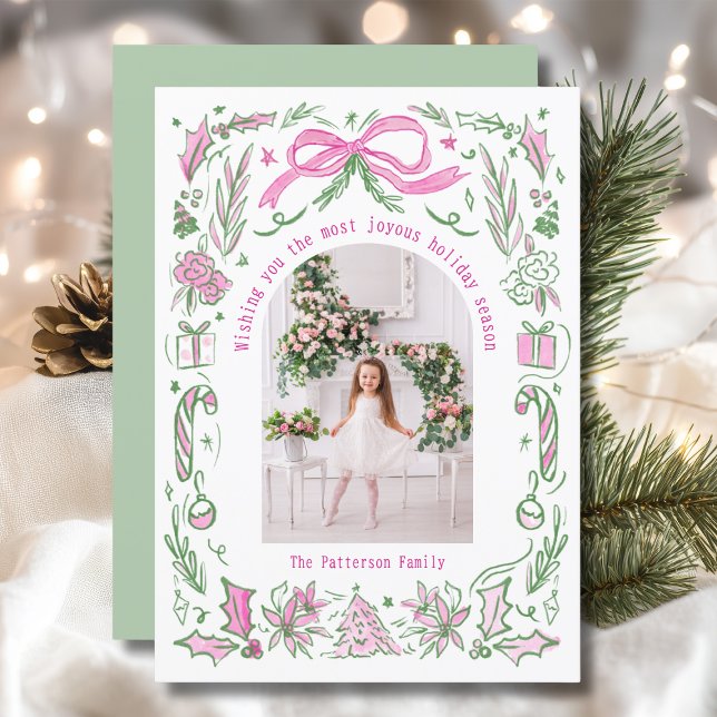 Coquette Christmas Family Photo Pink Green Doodle Holiday Card (Creator Uploaded)