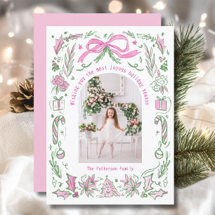 Coquette Christmas Family Photo Pink Green Doodle Holiday Card