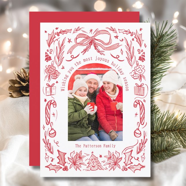 Coquette Christmas Family Photo Red Doodle Holiday Card (Creator Uploaded)