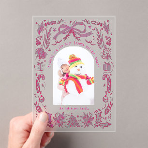 Coquette Christmas Family Photo Red Pink Doodle Acrylic Invitations