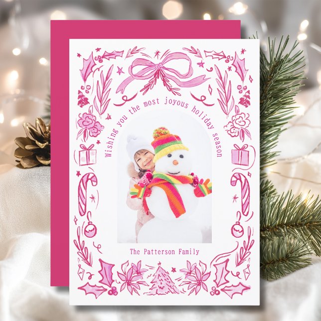 Coquette Christmas Family Photo Red Pink Doodle Holiday Card (Creator Uploaded)