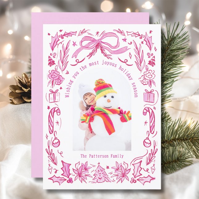 Coquette Christmas Family Photo Red Pink Doodle Holiday Card (Creator Uploaded)