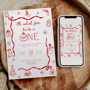 Coquette Christmas First Birthday Invitation