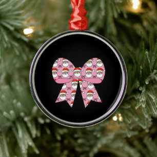 Coquette Christmas Pink Bow Santa Vintage Retro Metal Ornament