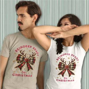 Coquette Christmas Plaid Reindeer Ready Bow T-Shirt