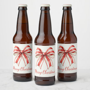 Coquette Christmas Red White Candy Cane Stripe Bow Beer Bottle Label